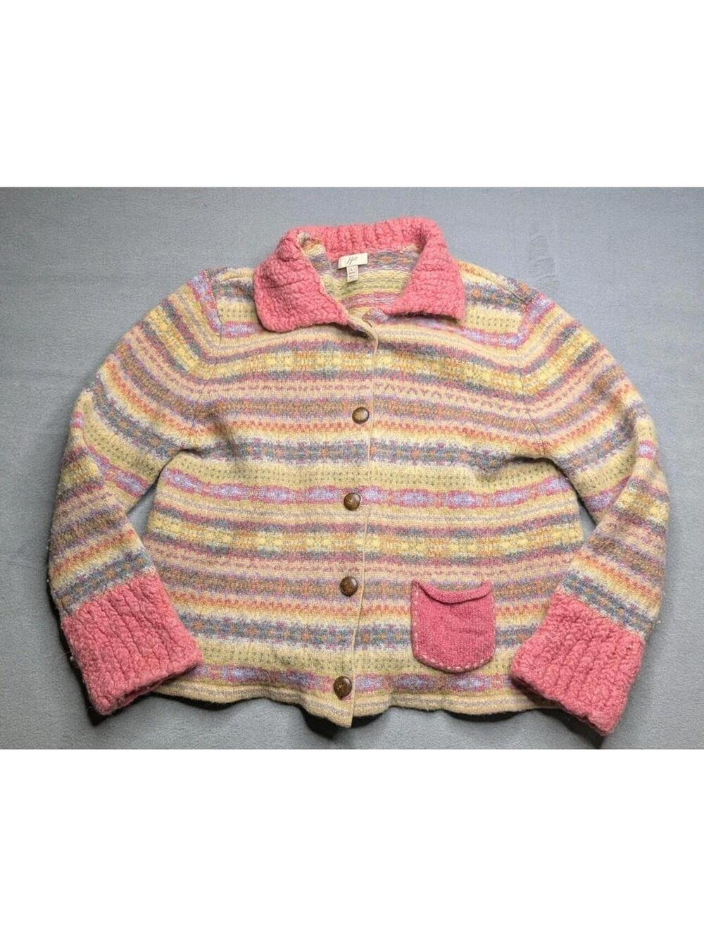 J. Jill Sweater Cardigan Womens Petite Large Multicolor Wool Fair Isle Collared